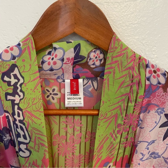 Josie Natori Silky Kimono Robe Medium Colorful Asian Print - Picture 6 of 6